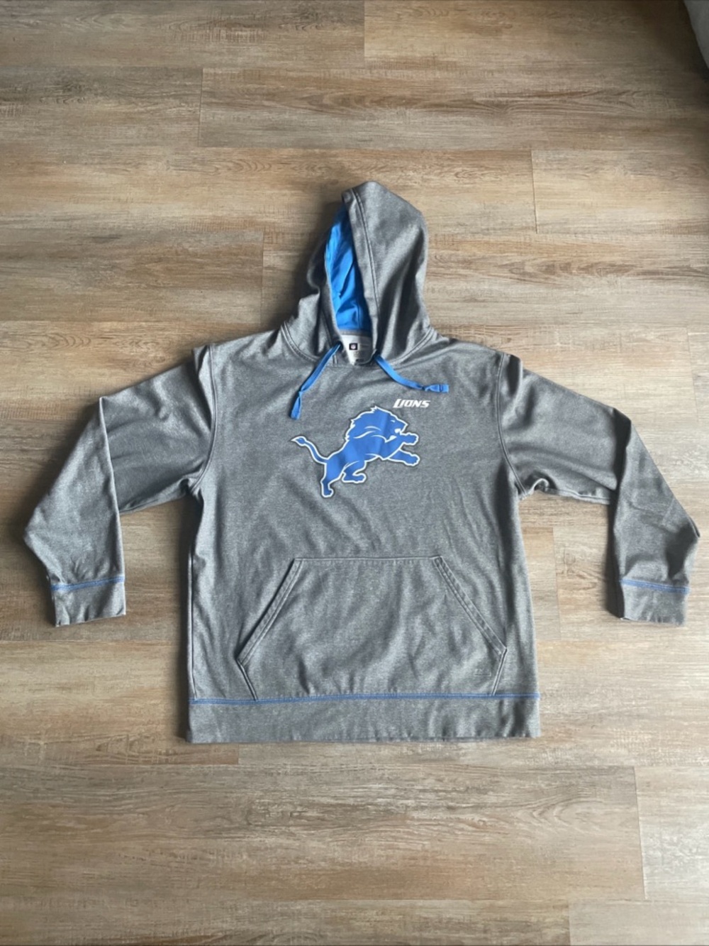NFL Detroit Lions team apparel pullover hoodie Gray with Blue Logo Large